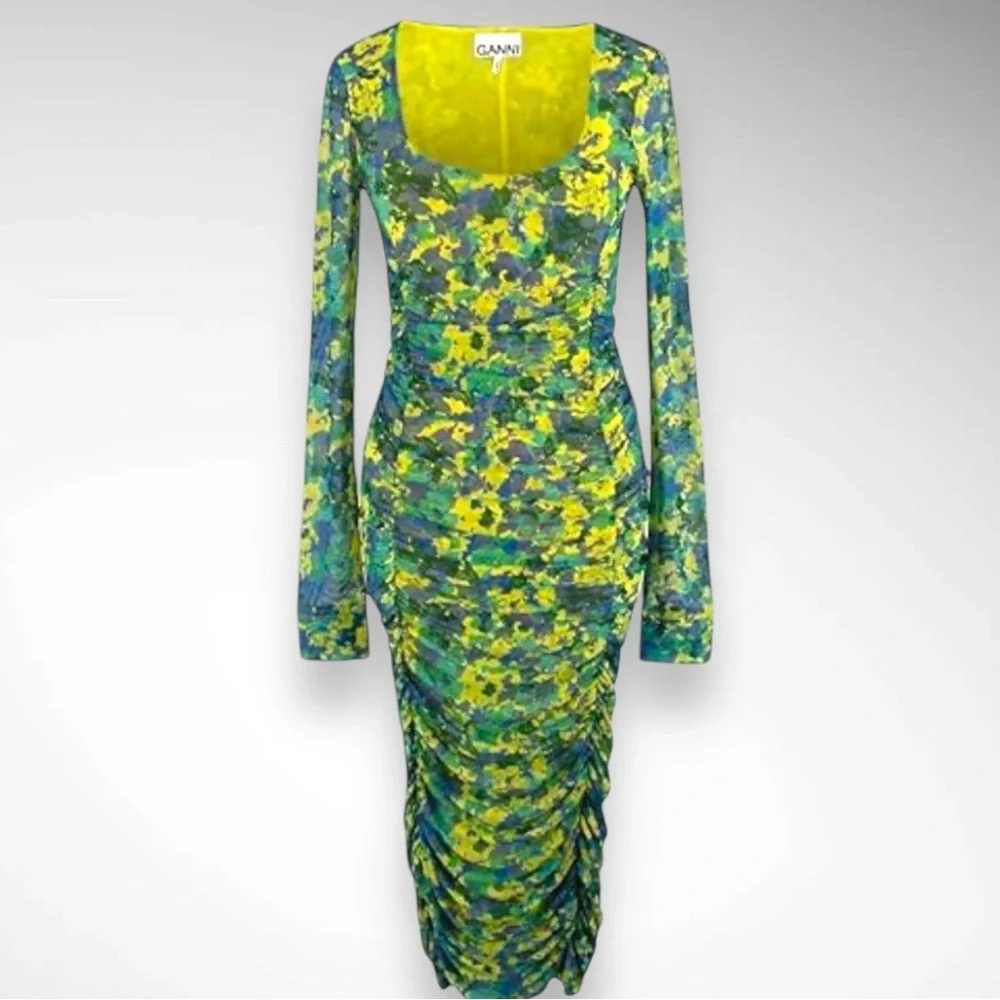 GANNI Women's Abstract Print Long Sleeve Midi Dress With Ruching Size 8/10 | NWT